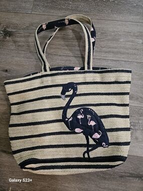 Vera Bradley Black and Natural Striped Straw Tote with Pink Flamingo